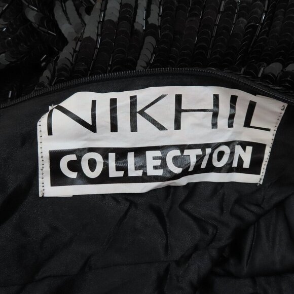 Vintage Nikhil Womens Large Silk Black Gold Sequin Beaded High Neck Dress NEW - Picture 7 of 13